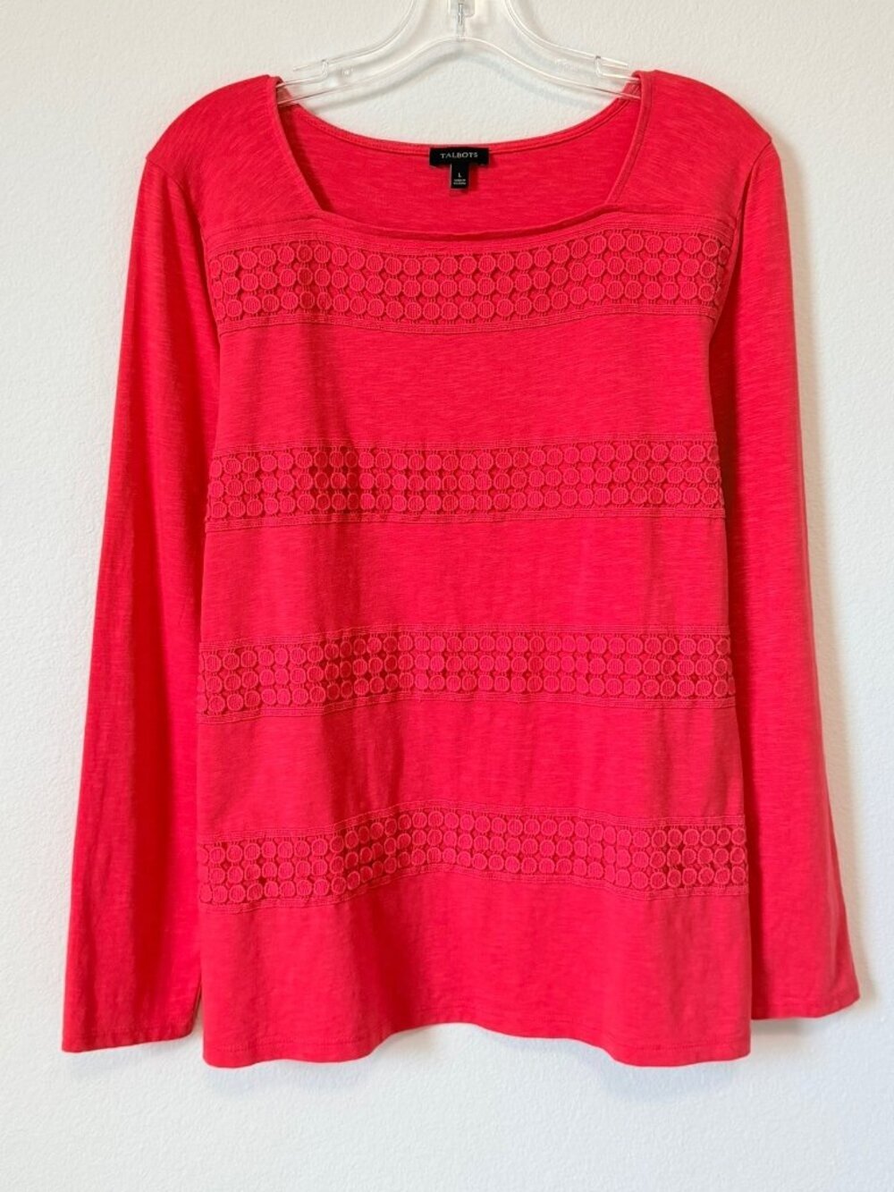 Talbots Long Sleeve Square Neck Crochet Lace Front Red Blouse Women's Size L